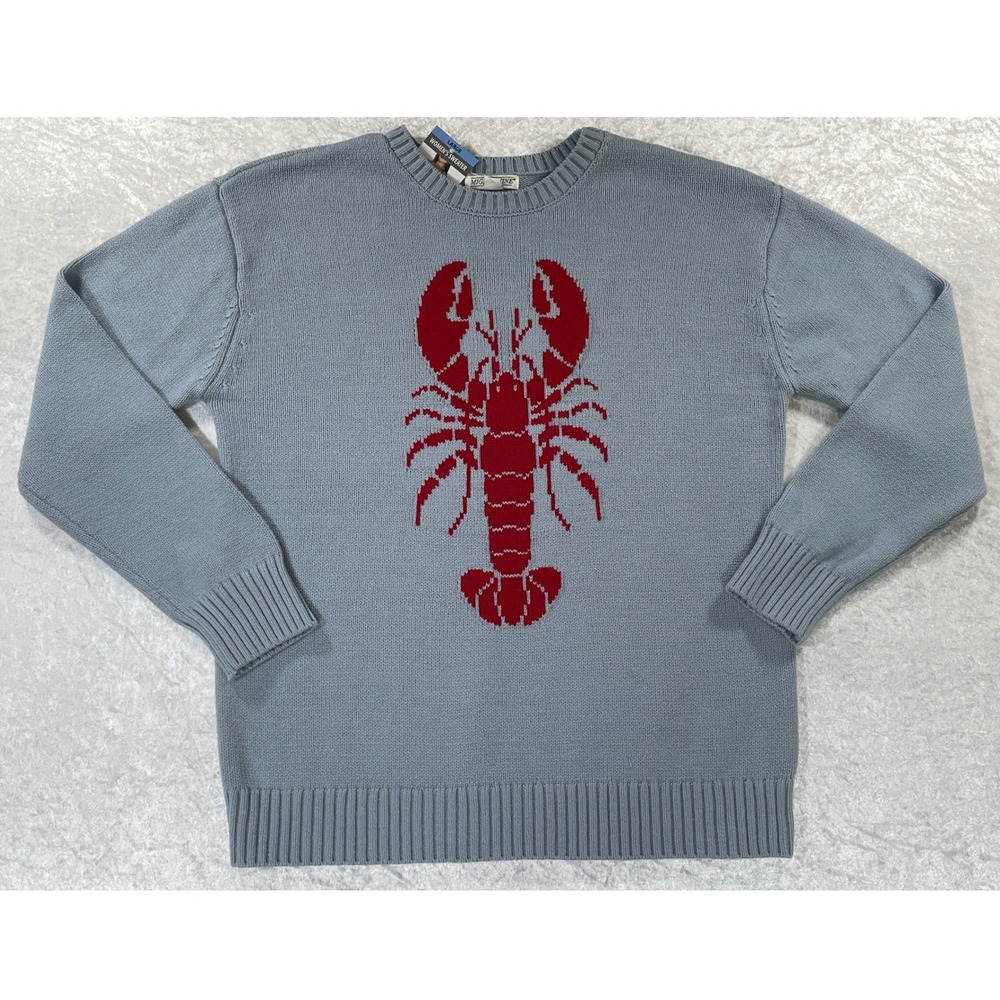 Mighty Fine Sweater Women Large Light Blue New Lobster Graphic Knit Crew Neck